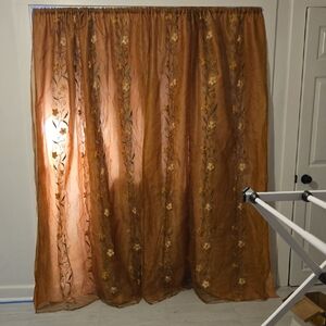 2 Sheer Embroidered Floral Curtain Panels in Burnt Orange